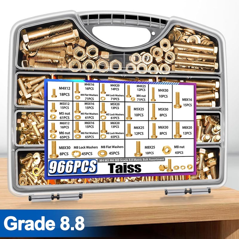 Taiss 966pcs Grade 8.8 Metric Bolt Assortment,Metric Bolts and Nuts Assortment,Bolt Kit M4 M5 M6 M8(12-30mm) Heavy Duty Hex Bolts and Nuts Kit Flat/Lock Washer Yellow Zinc Plated,with Handheld Box - Image 2